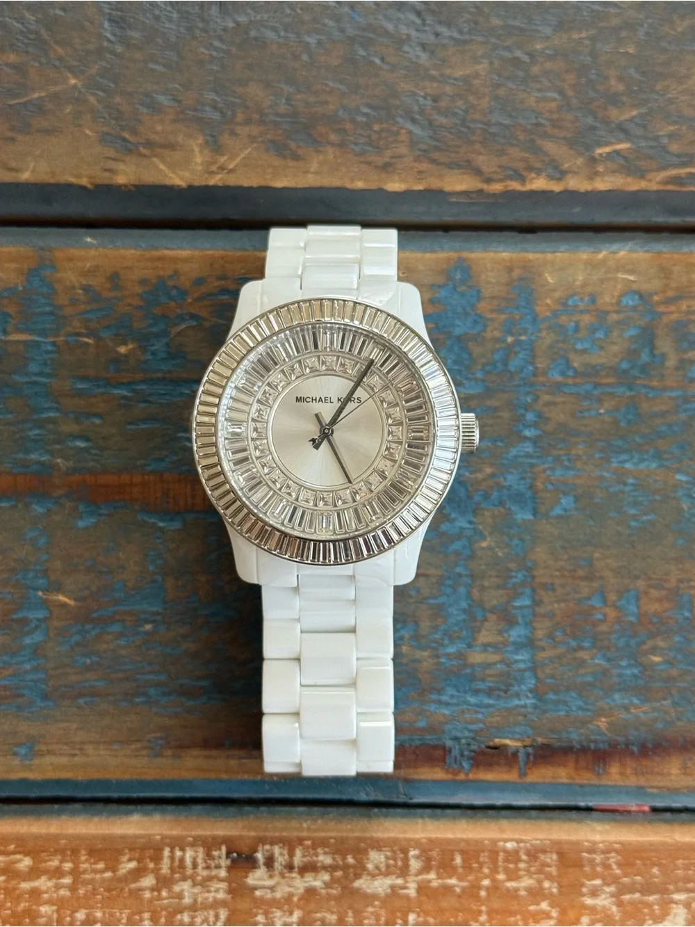 Michael Kors White Ceramic Crystal Glitz Baguette Watch (Model MK5361)